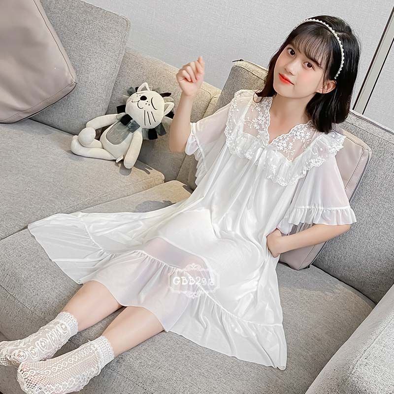 ネグリジェ キッズ パジャマ 子供パジャマ 半袖 モダール レース 女の子 夏 ロング丈 ルームウェア ワンピース パジャマ 部屋着 かわいい