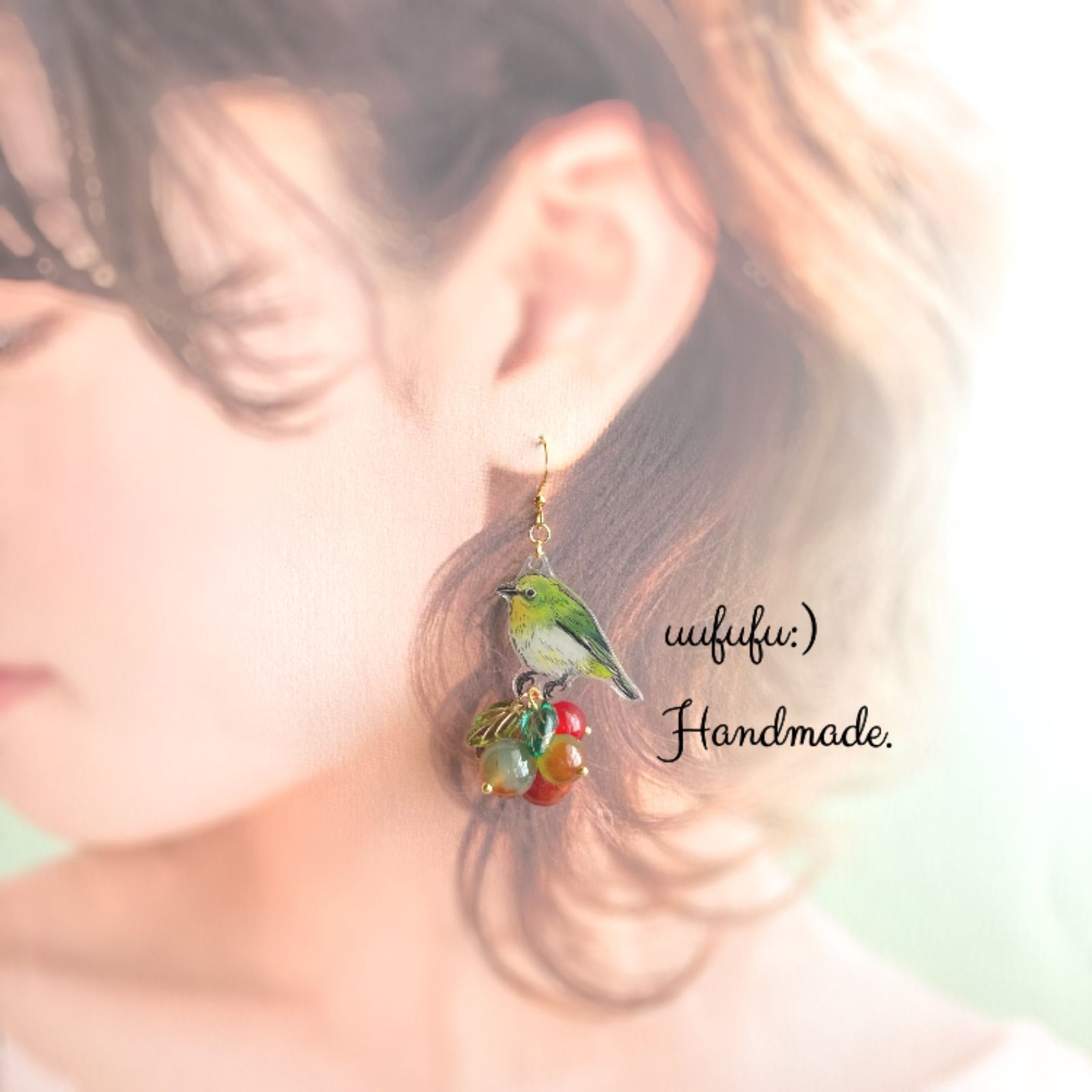 春を呼ぶ メジロさんと木の実みたいな天然石たちの アシンメトリー 