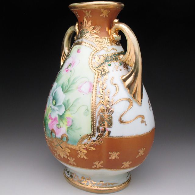 オールドノリタケ 茶地金盛りジュール芥子絵 花瓶 21cm 商品の説明