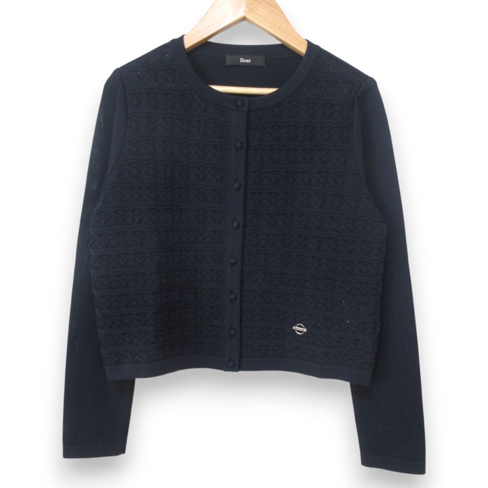 25SS Rene ルネ クルーネック ニット カーディガン サイズ36 ネイビー レディース 古着