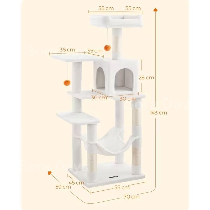 キャットタワー 猫タワー 大型猫用 ハンモック付き スリム シンプル おしゃれ 可愛い インテリア 北欧 多頭飼い 見晴らし台 隠れ家 おもちゃ 爪とぎ 運動不足解消 安定 ホワイト 耐荷重15kg 55×45×143cm