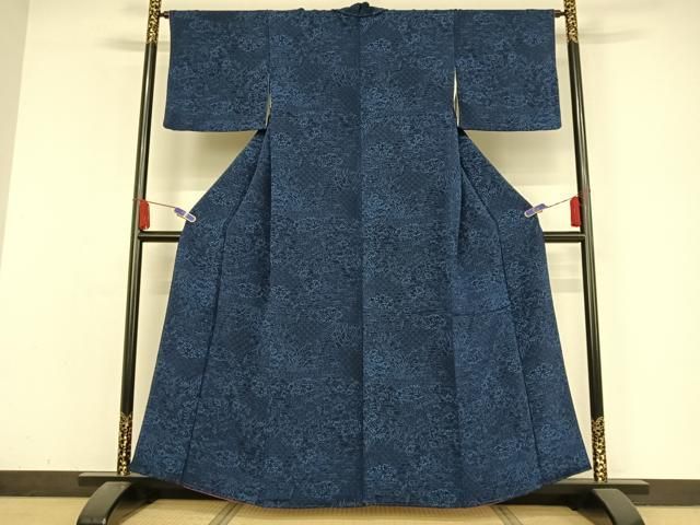 平和屋着物●上質な小紋　藍　型染め　流水花文　正絹　逸品　AABA4589np 平和屋着物○上質な小紋 藍 型染め 流水花文 正絹 逸品 AABA4589np
