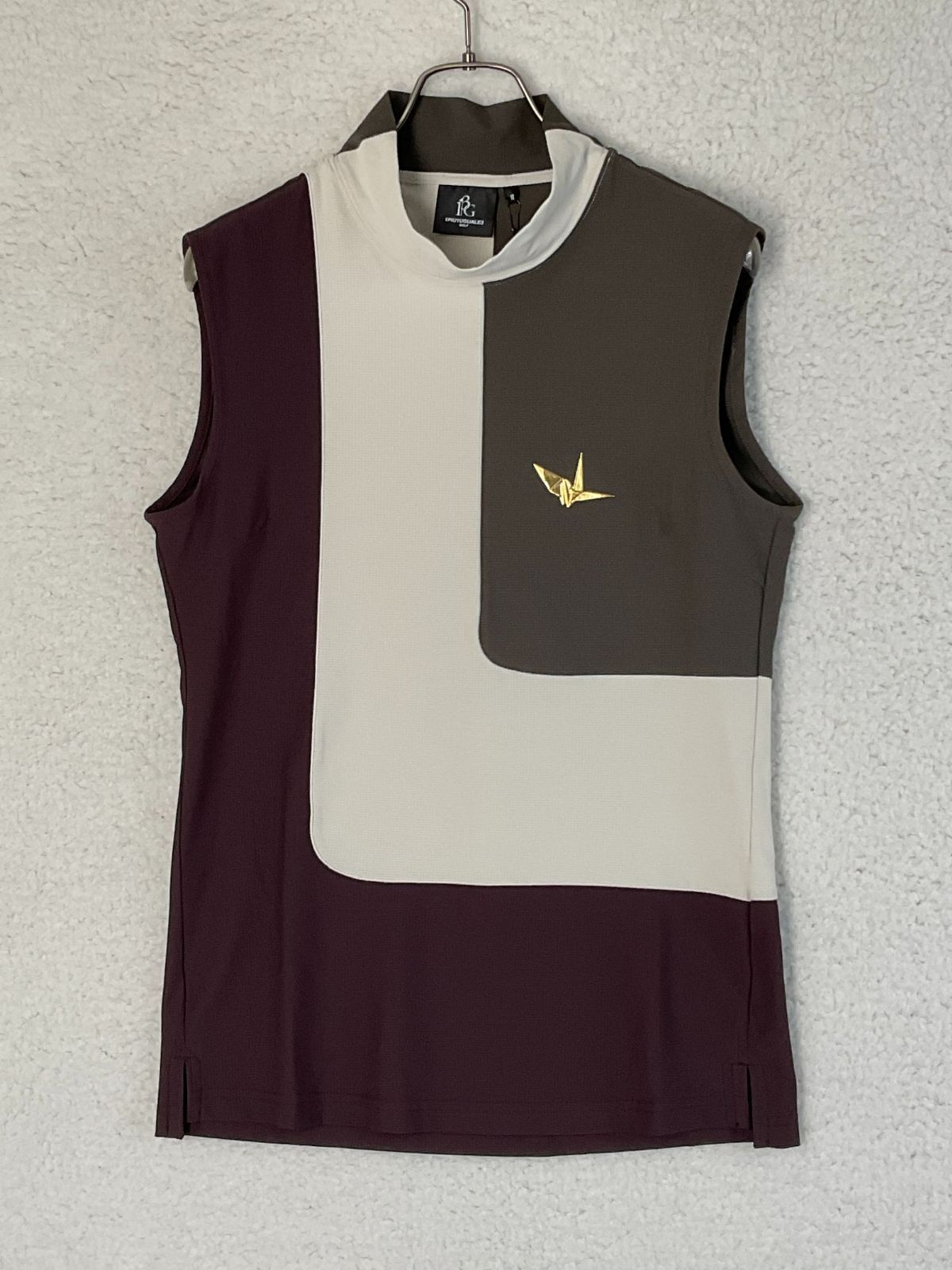 ♥ 1PIU1UGUALE3 GOLF 2 カーキ×オフホワイト×ボルドー カラー切り替えモックネックノースリーブポロシャツ