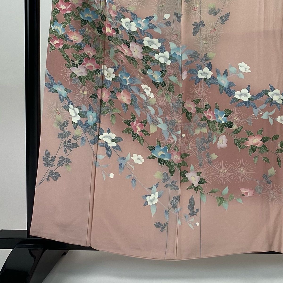 訪問着 身丈169.5cm 裄丈63.5cm S 袷 落款 草花 ぼかし ピンク 正絹 秀品