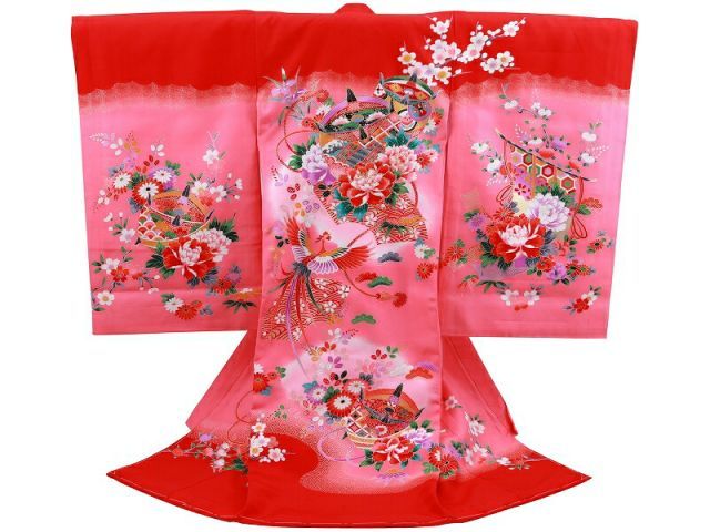 お宮参り 金刺繍入り 正絹 着物 長襦袢 セット 女児 女の子 子供 産着 祝着 赤色 un-255