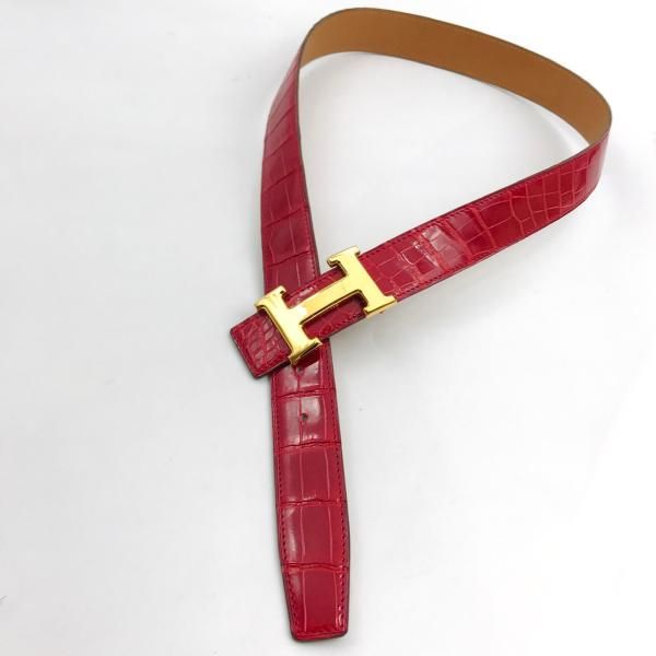 HERMES エルメス コンスタンス 本クロコ ポロサス H バックル ベルト シカクA刻印 レッド X ゴールド 超美品 m10219