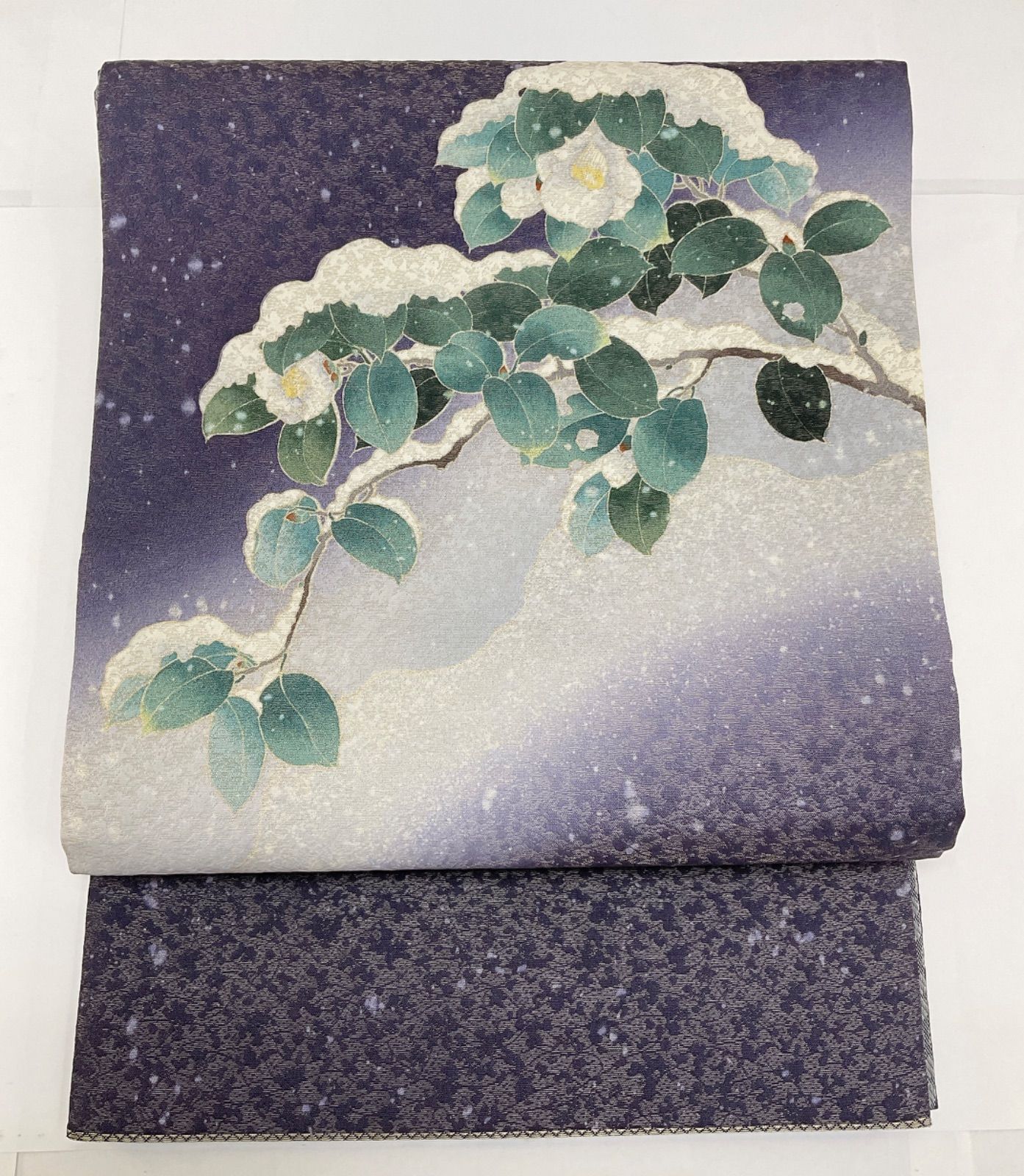 袋帯 お洒落帯 着物帯 椿 寒椿 紫 ぼかし 仕立て上がり リユース品 