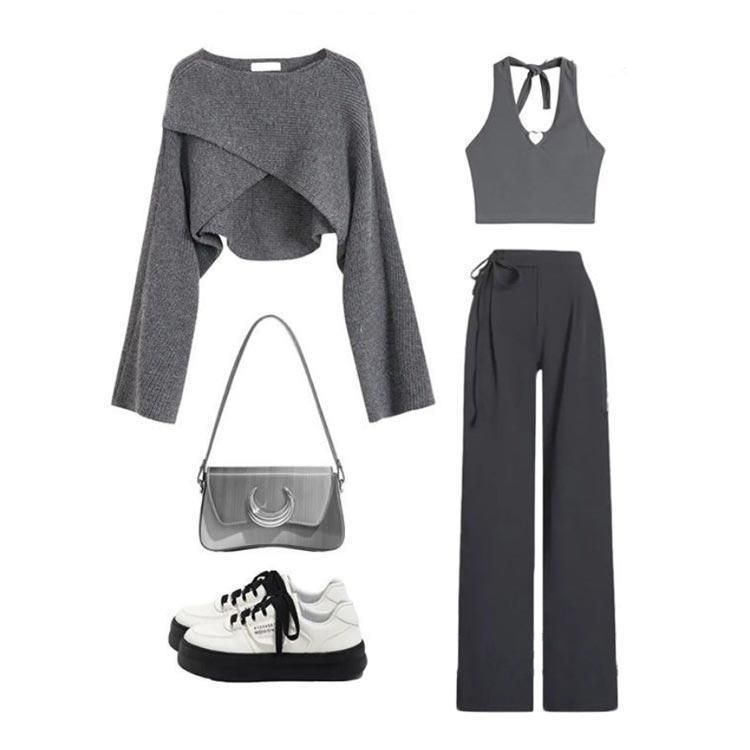 ニット セットアップ レディース カジュアル きれいめ おしゃれ 春 春秋 パンツセット 3点 長袖 セーター キャミソール 長ズボン エレガント フ