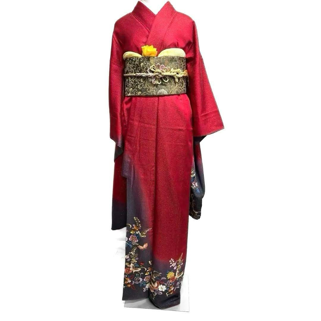 金駒刺繍 刺繍 金通し 蝶 花模様 振袖 襦袢セット 成人式 着物 022a p