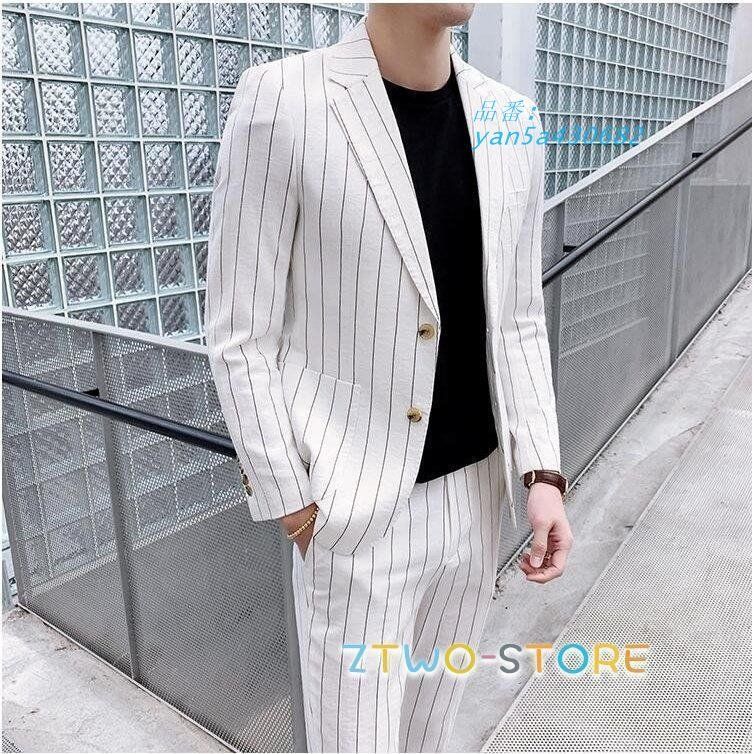スーツ メンズ スーツセットアップ 上下セット 二点セット 白 就職 紳士服 おしゃれ ストライプ 細身 通勤 結婚式 大人式 卒業式 yan5a430682