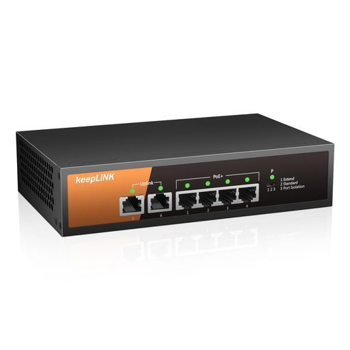 keepLiNK6ポートPoEスイッチングハブ10/100Mbps(4ポートPoE+65W)静音ファンレス金属筐体省電力設計