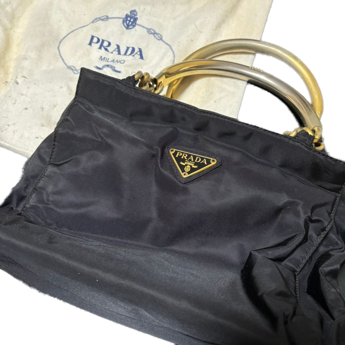 中古】良品 PRADA プラダ 三角ロゴプレート ナイロン テスート メタル  