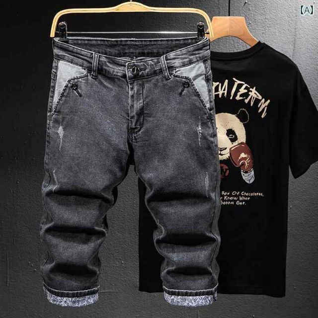 種類18 36|B グレー短 Tシャツ メンズ 男性用 ファッション オシャレ シンプル 大人 かっこいい ストリート ヒップホップ HipHop 夏 スモークグレー クロップドパンツ 斜め ポケット デニム ショート丈 パンツ ストレッチ ハーフ パンツ 薄