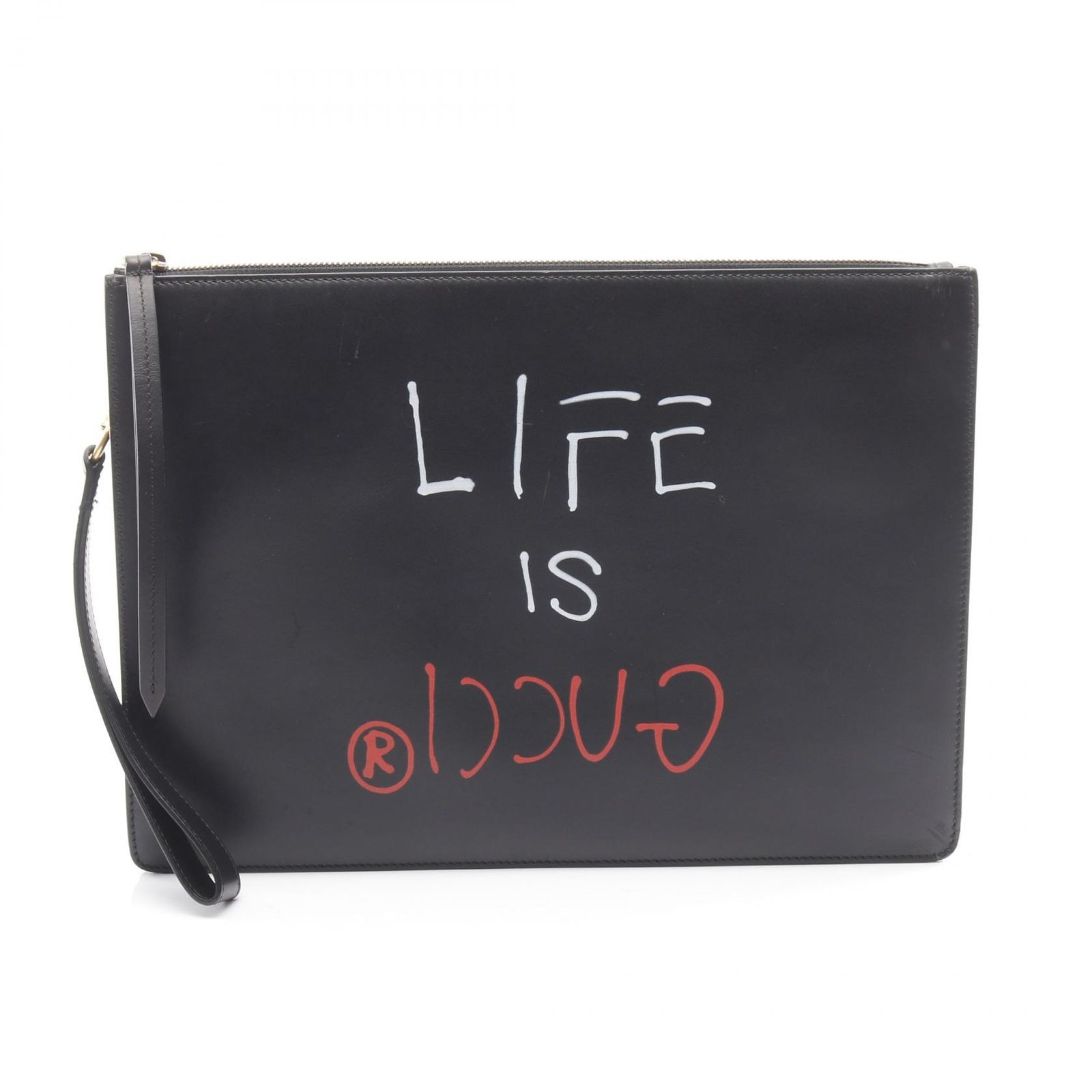グッチ GUCCI セカンドバッグ クラッチバッグ LIFE IS GUCCI 433665 ブラック レザー ゴースト クラッチバッグ ユニセックス Used A