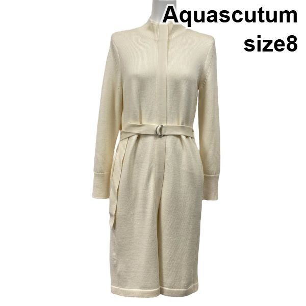 ◆ アクアスキュータム Aquascutum ジップアップカーディガン マルチウール ロング丈 長袖 アイボリー 毛100％ 8 M 9号 レディース S5W207