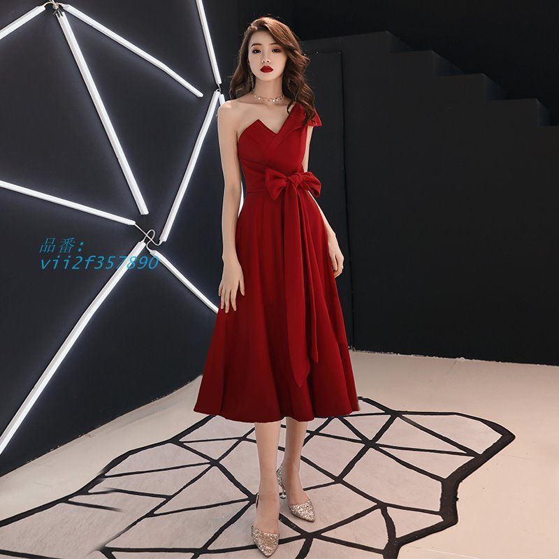 カラードレス カクテルドレス ミディアム丈ドレス パーティードレス 発表会 演奏会 ワインレッド イブニングドレス ステージドレス ワンショルダー 大人 リボン XZ0524
