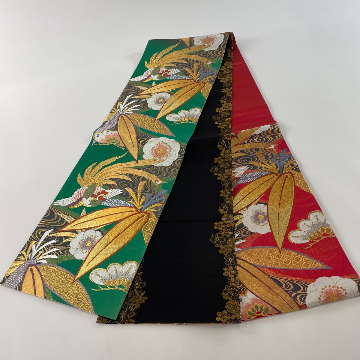 袋帯 美品 秀品 振袖向き 松竹梅 鳥 金糸 箔 赤 六通 正絹 【中古 