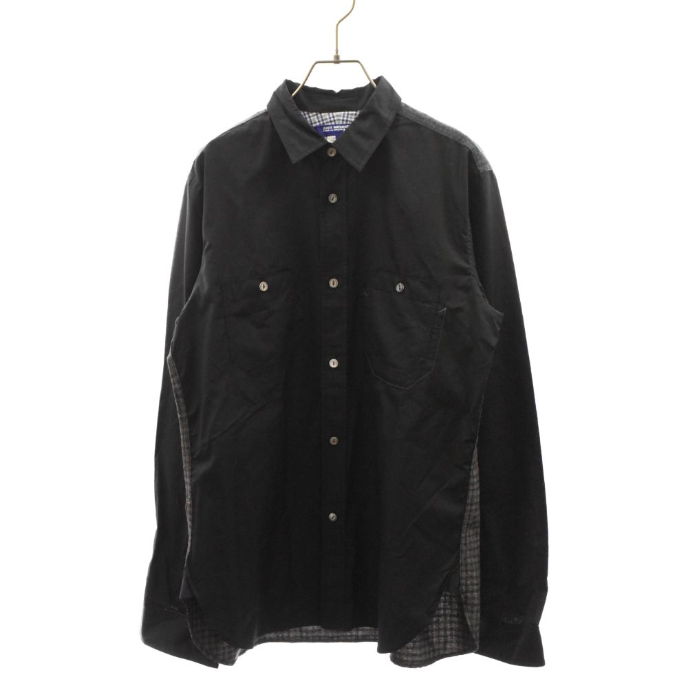 JUNYA WATANABE COMME des GARCONS (ジュンヤワタナベ コムデギャルソン) 19AW バックウールチェック切替 エルボーパッチ 長袖シャツ ブラック WD-B022