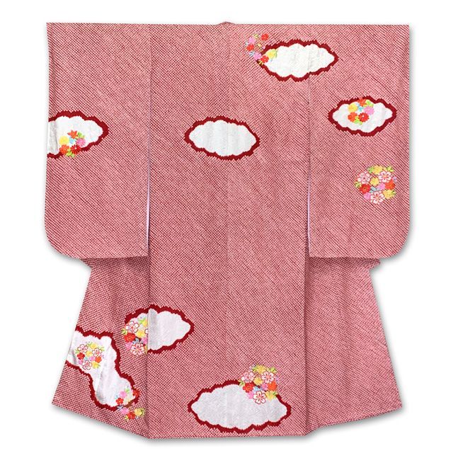 七五三 7歳 女の子 正絹 総絞り 総刺繍柄 絵羽付け 四つ身の着物 赤 雲に花輪 IYS1012