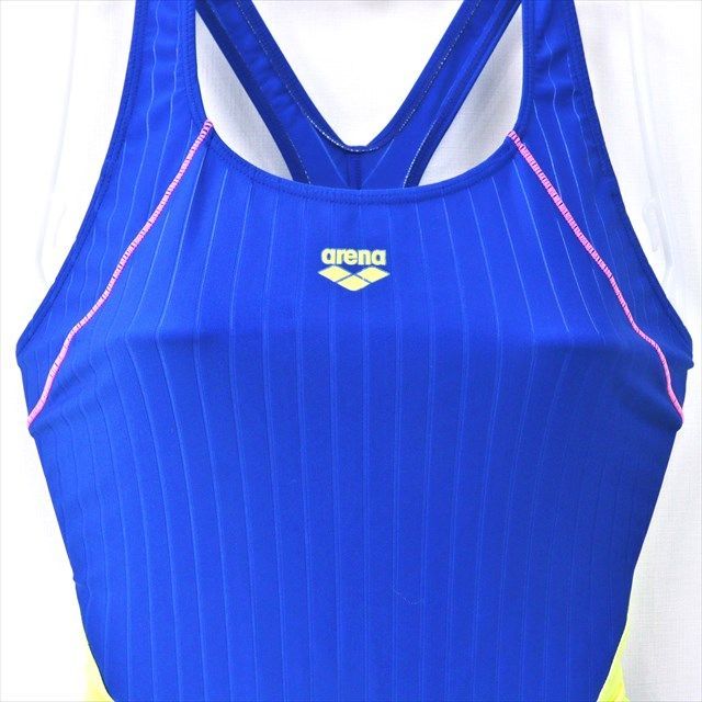 ○SE3E84☆arenaアリーナ競泳水着 Mサイズ 青黄色 ピンクステッチ