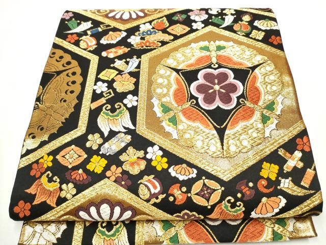 平和屋着物●六通柄袋帯　唐織　亀甲華文　黒地　金糸　正絹　逸品　CAAY2418hy 平和屋着物○六通柄袋帯 唐織 亀甲華文 黒地 金糸 正絹 逸品