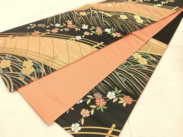 平和屋着物◎六通柄袋帯 唐織 渡橋枝垂れ桜文 黒地 金糸 正絹