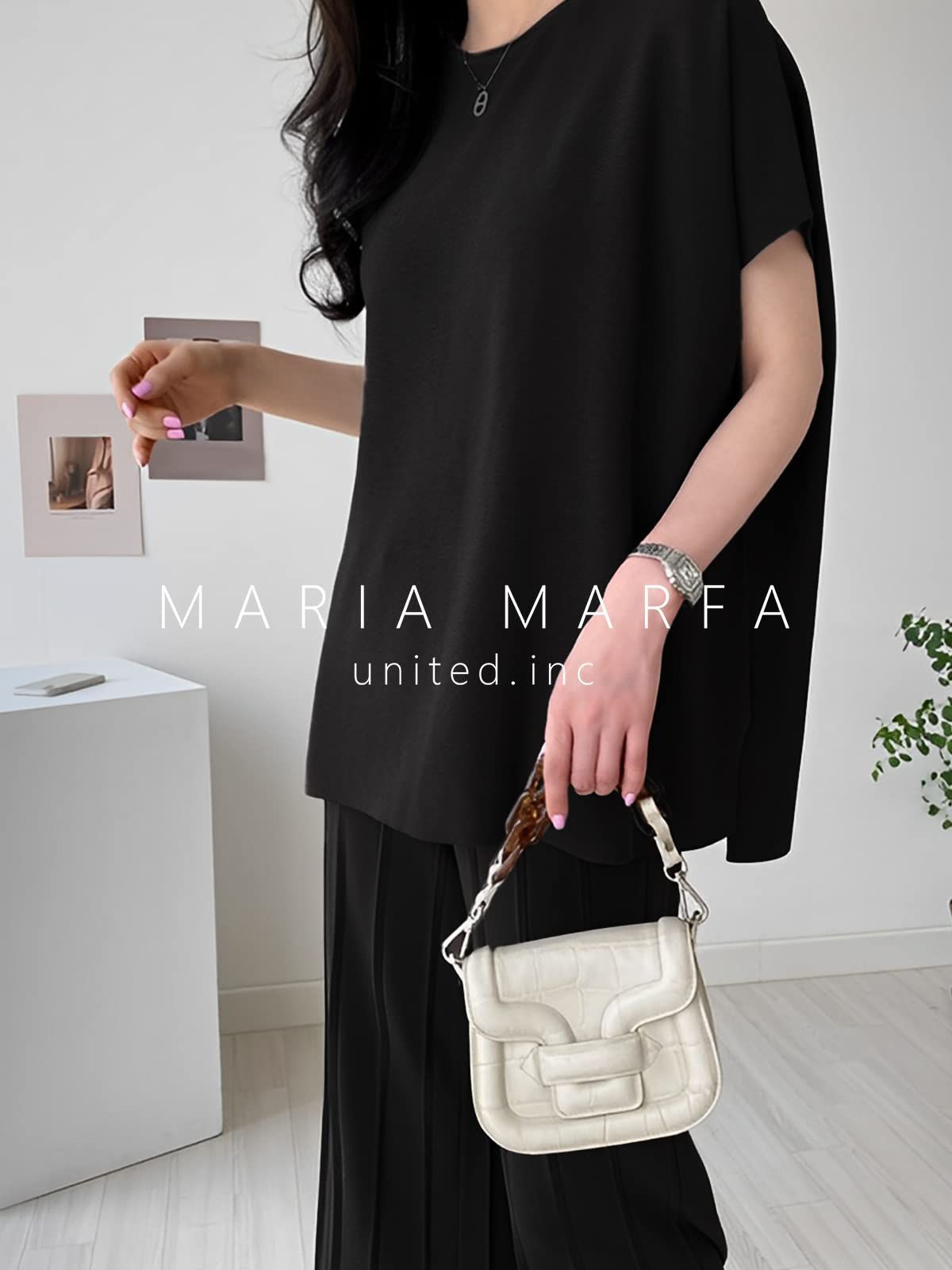 MARIA MARFA フレンチスリーブ セットアップ tシャツ ハイウエスト ロングパンツ 上下 2点セット 春 夏 3S-M39