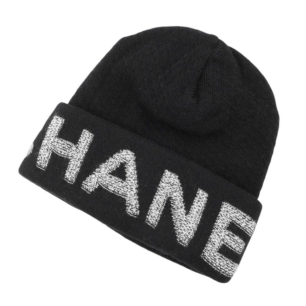 シャネル ニット帽 ロゴ ウール カシミヤ CHANEL 帽子 黒