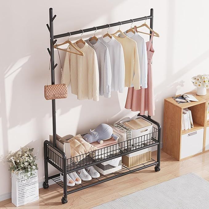 【在庫処分】LNYCJP ハンガーラック 2メッシュ棚付き パイプハンガーラック 洋服ラック コートラック 衣類ラック 洋服掛け 組立簡単 防サビ 防水 耐腐食性 物干しスタンド 高耐荷重 頑丈 梅雨
