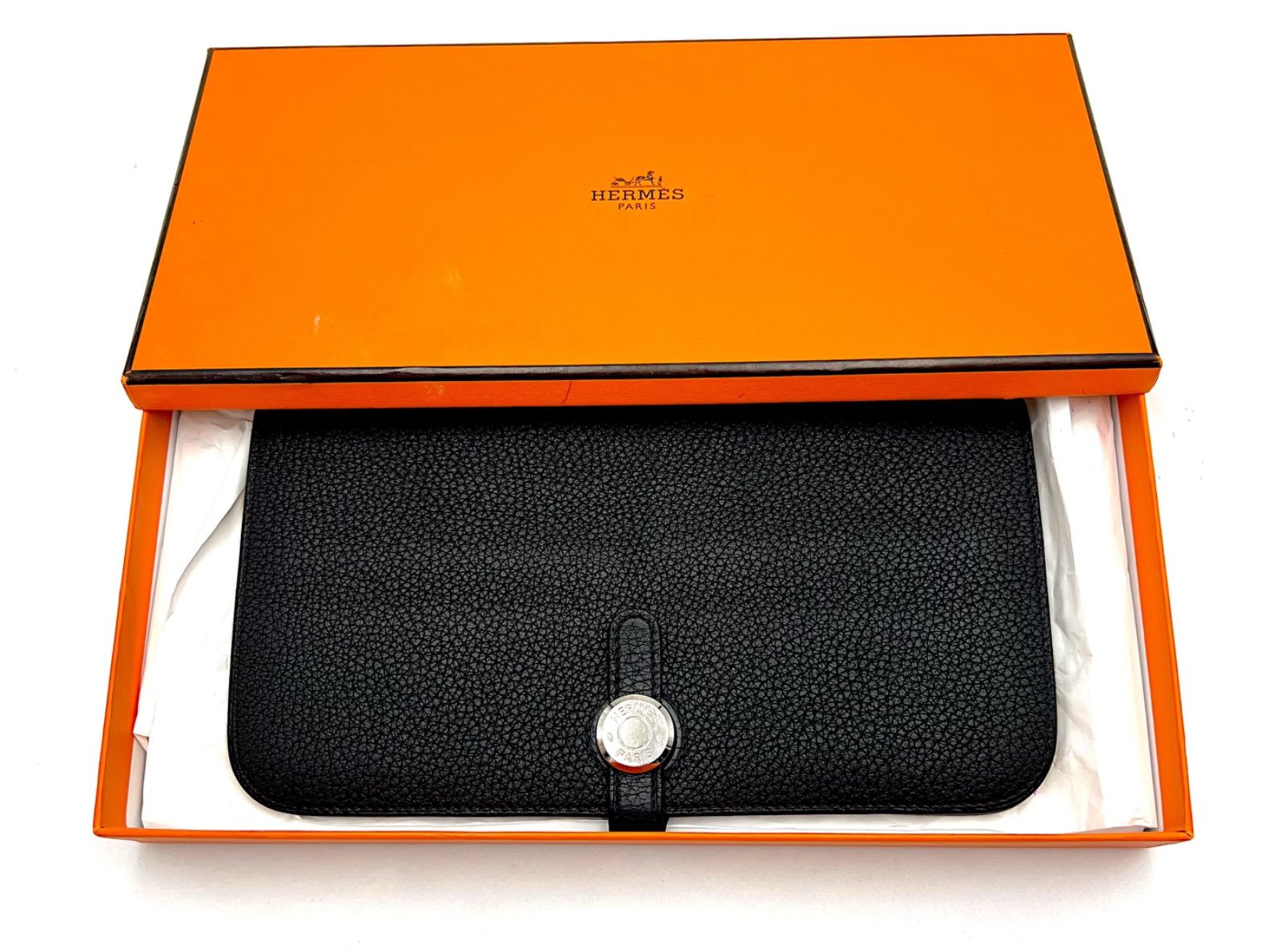 〔 モデル〕エルメス|HERMES ドゴン ロング 二つ折長財布 トゴ ブラック×マットシルバー金具 X刻印