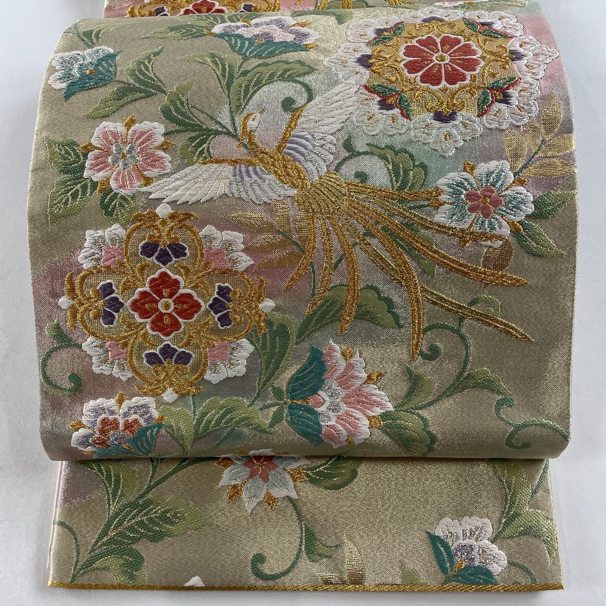 袋帯 美品 秀品 関西仕立て 華文 尾長鳥 金銀糸 箔 金色 六通