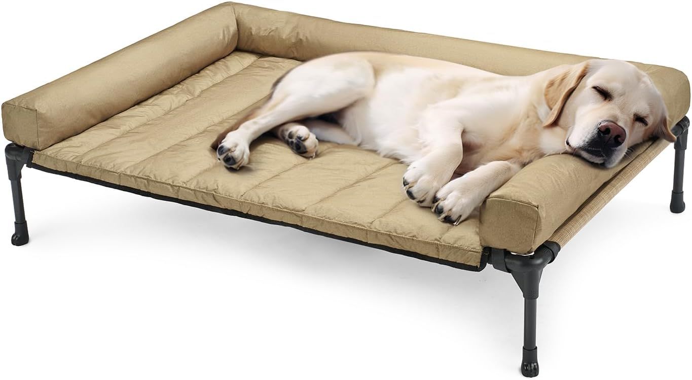Veehoo犬 ベッドペットベッド大型犬 ベッド高架犬用ベッドドッグコット + 防水取り外し可能ピロートップマット、ボルスター犬用簡易ベッド、通気性メッシュ付き隆起ペットコット、滑り止