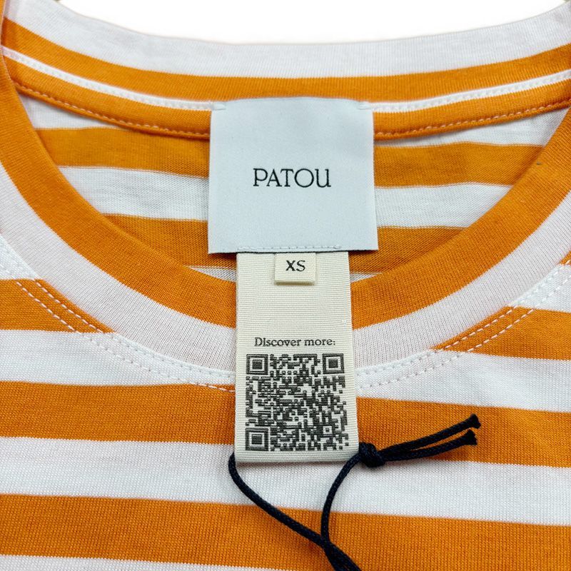 ☆2024春夏入荷☆ PATOU パトゥ JE0329999 オーガニックコットン ボーダー PATOU ロゴ入り Tシャツ カットソー ライトオレンジ×ホワイト