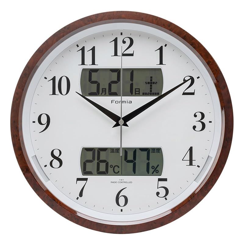 Formia(フォルミア) 電波 壁掛け時計 木製 温度 湿度 温湿度計 日付 曜日 夜間秒針停止 静音 夜間自動点灯 アナログ 和室 保土ヶ谷電子販売 ブラウン HWC-016W-BR 1