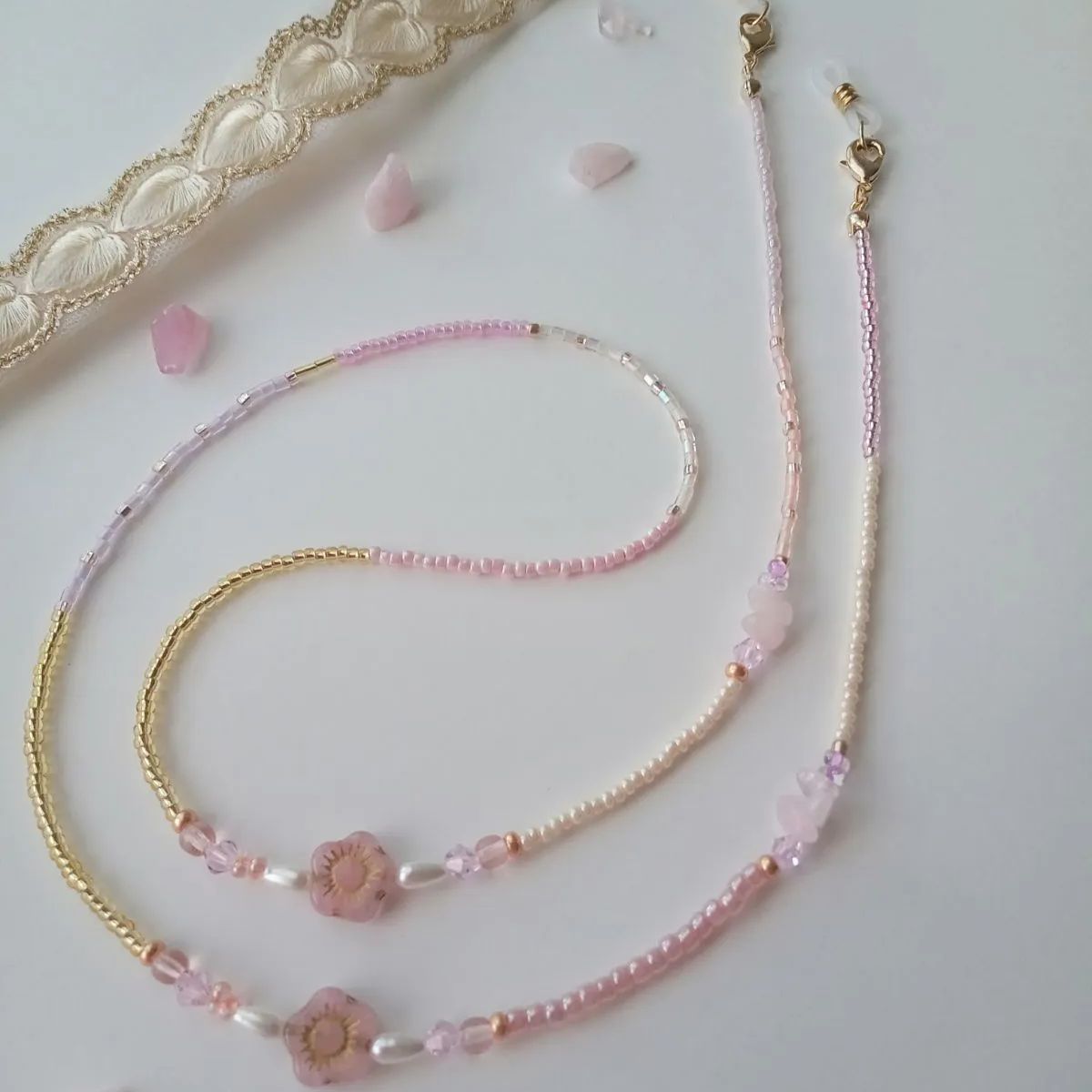 再入荷【119】ローズクォーツ天然石とお花❀マスクストラップ＆メガネ