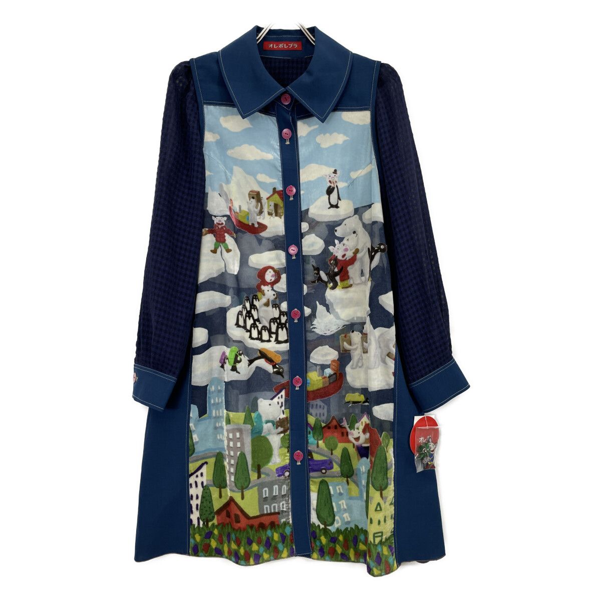 OLLEBOREBLA アルベロベロ 816502 ブルー パネル柄 ベロアアクトレッソ シャツワンピース M