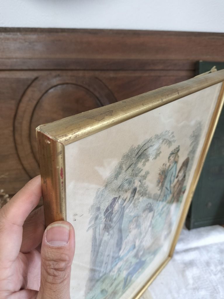 フランス アンティーク 木製 ファッションイラスト付き フレーム 額