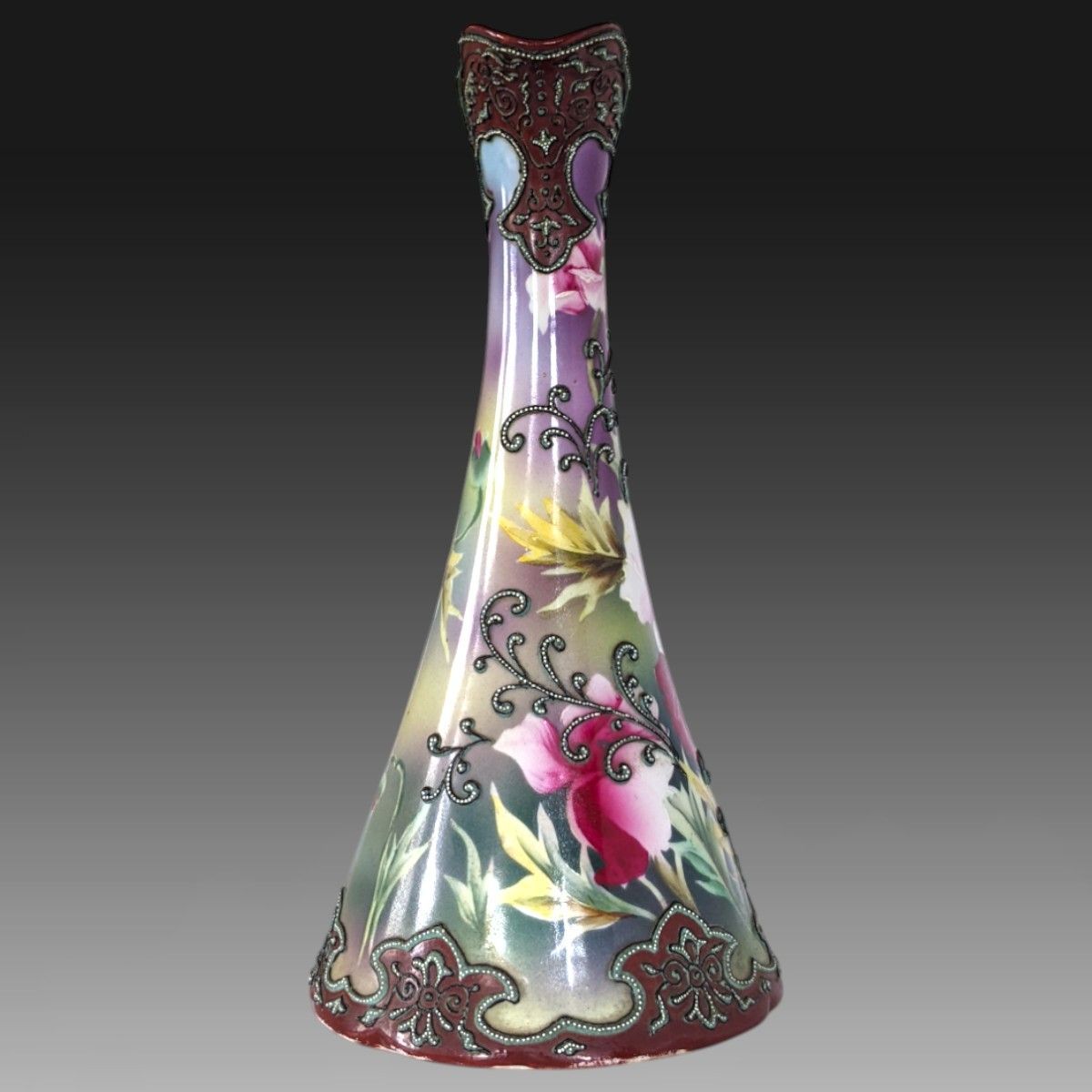 ニッポン 里帰り アールヌーボー様式 一陳盛り上げ薔薇絵飾り壺 検250518P アンティークニッポン 里帰り アールヌーボー様式 一陳盛り上げ薔薇絵飾り壺 検250518P アンティーク