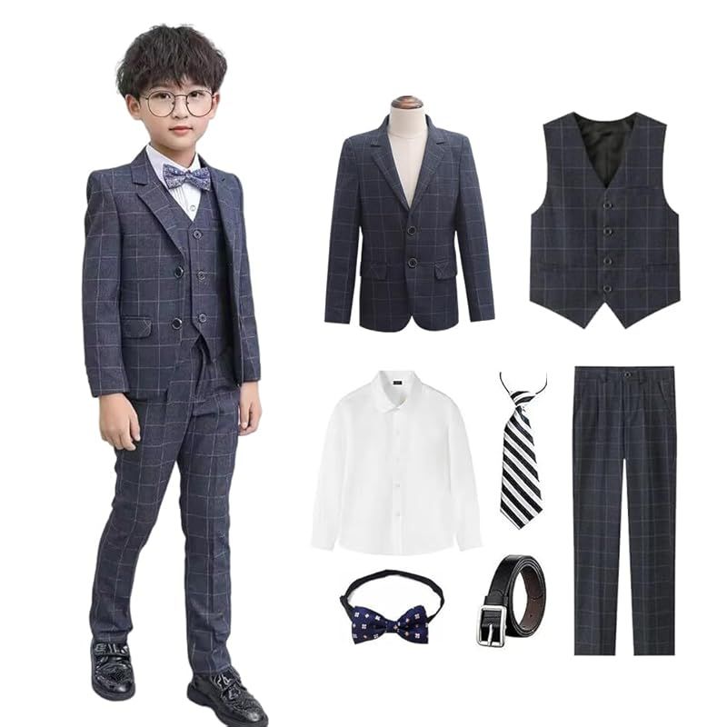 alice-eshop 男の子スーツ キッズ 子供フォーマル おしゃれ5点セット ベスト ジャケット ズボン 蝶ネクタイ 赤いブローチ 発表会 結婚式 七五三 入園式 卒園式 卒業式 紳士服 男児 90-170cm