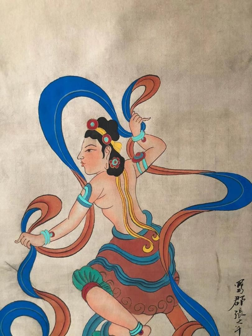 中国美術・純手描き人物画凌波捉月掛軸・国画・張大千印款・宣紙・賞物・肉筆・茶道具 中国美術・純手描き人物画凌波捉月掛軸・国画・張大千印款・宣紙
