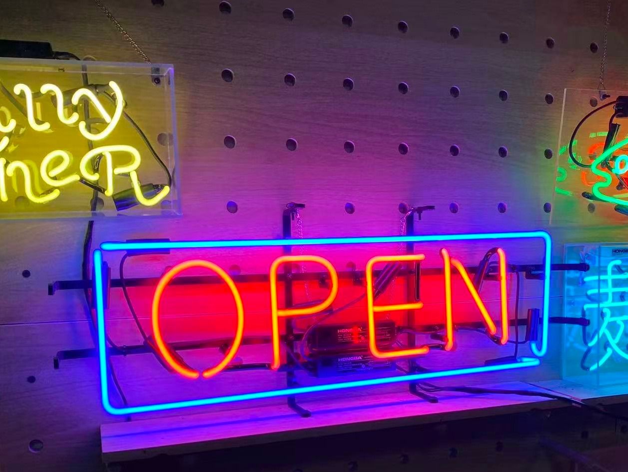 オーダーメイド ネオンサイン OPEN レッド×ブルーフレーム ガラスライト