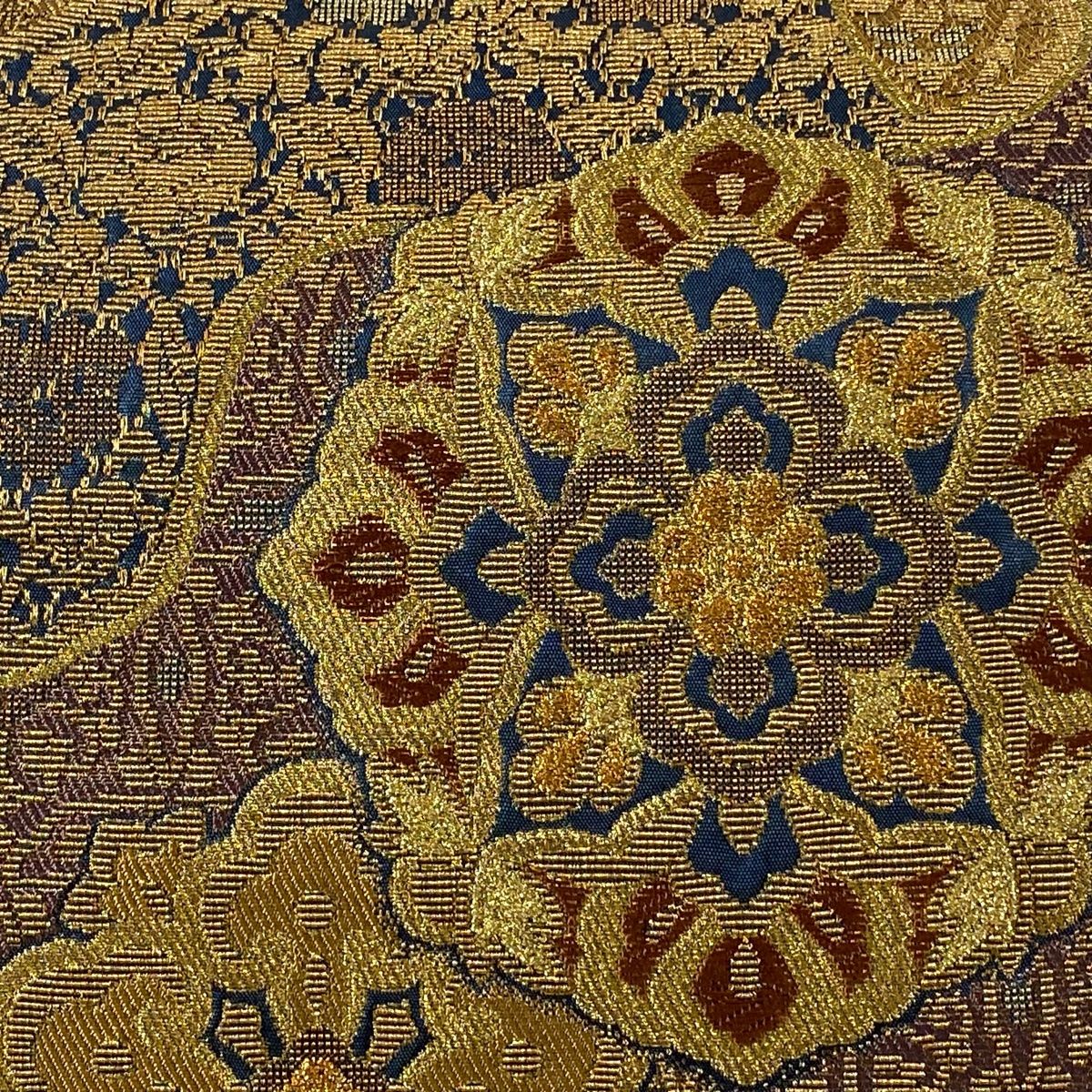 袋帯 美品 逸品 華文 草花 輪奈織 箔 金色 六通 正絹 【中古