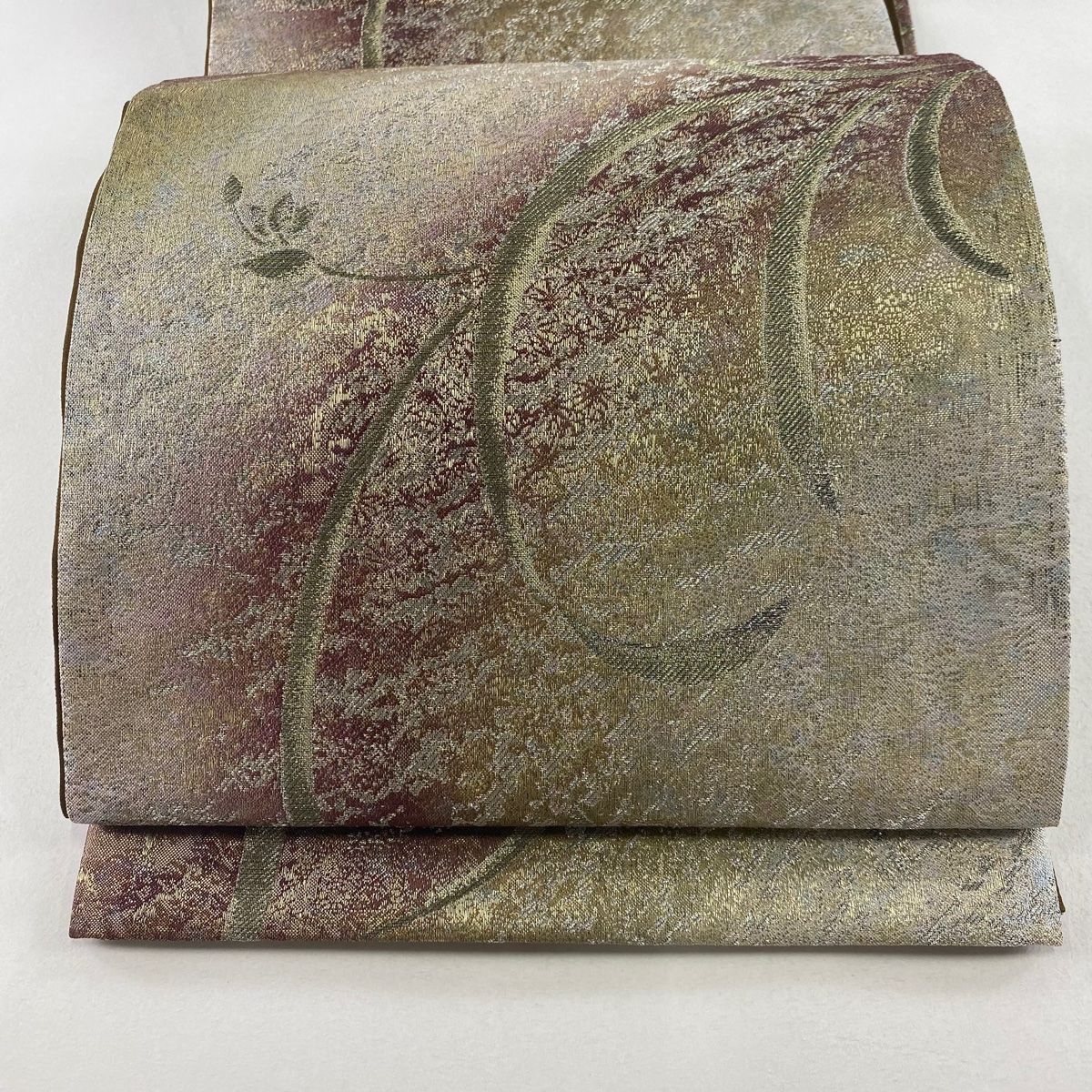 袋帯 美品 名品 やまと 葉柄 草花 金銀糸 箔 灰茶 六通 正絹