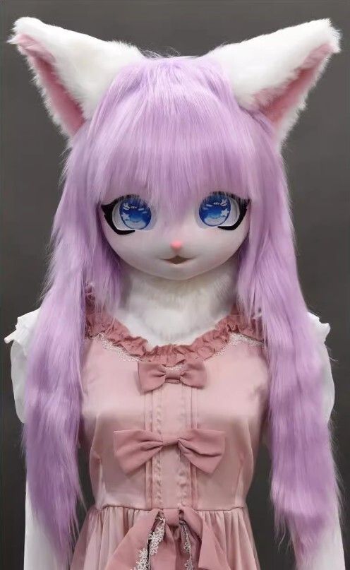 着ぐるみヘッド 猫 紫と白 全頭ヘッド ケモノ マスク ファー