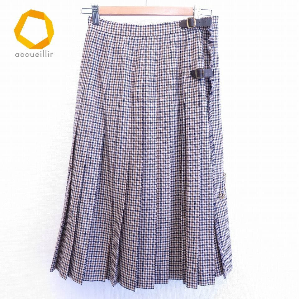 デ*ン様 【匿名発送】Aquascutum チェック柄ラップスカート レザー付き アクアスキュータム Aquascutum ヴィンテージ ラップスカート チェック