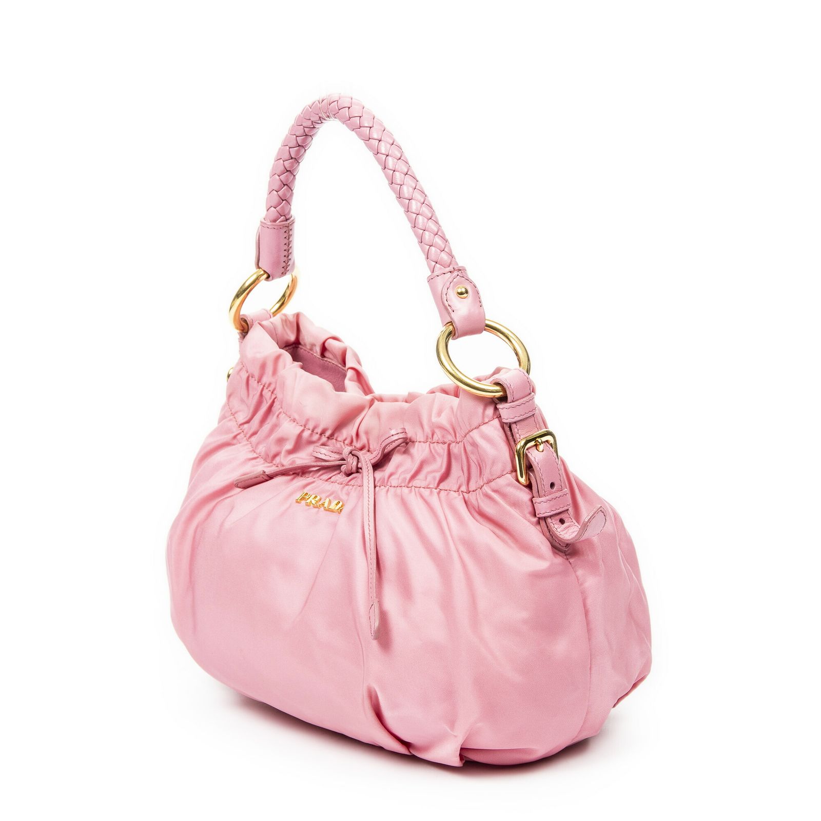 プラダボウブレイデッドバケットピンクナイロンキャンバスA