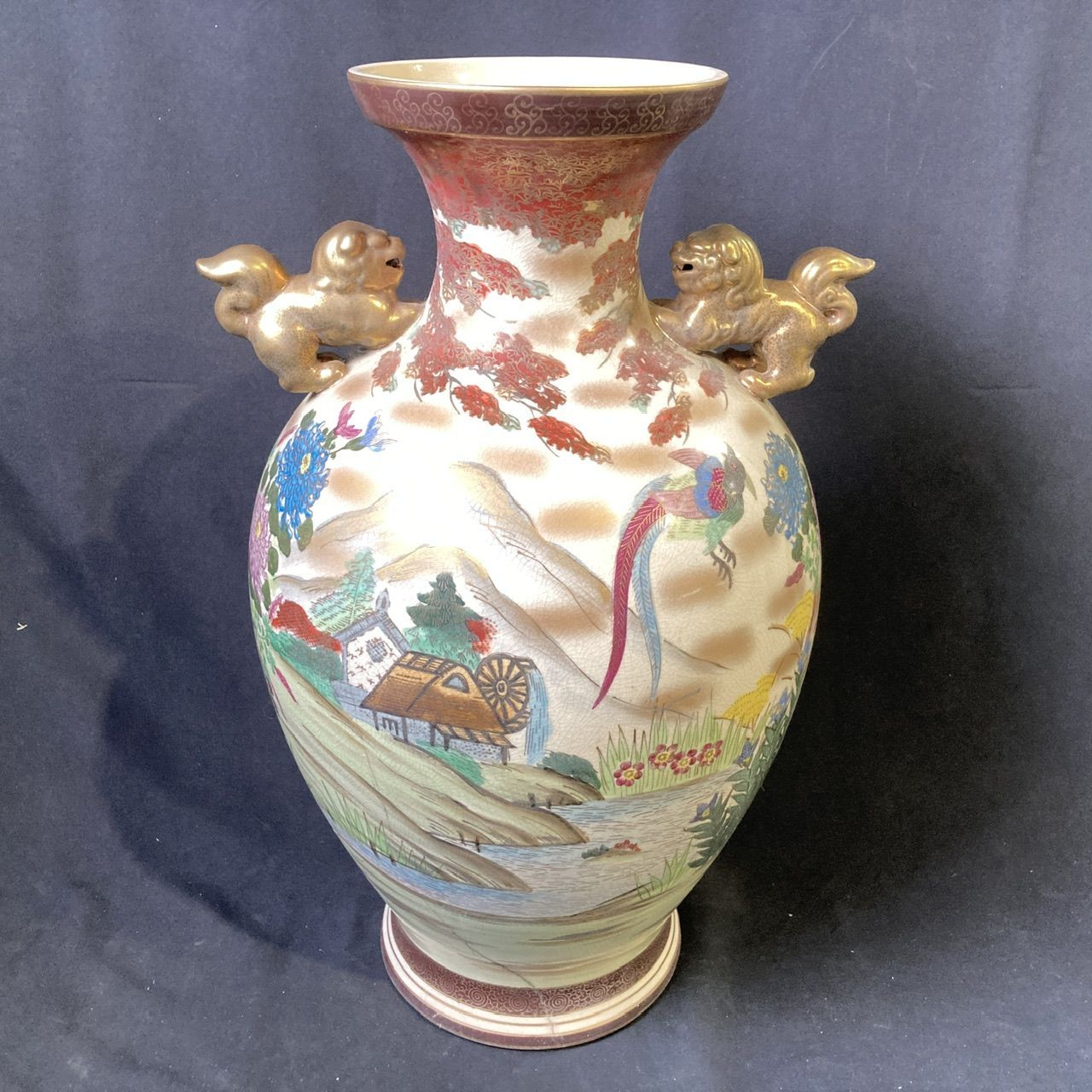 薩摩焼 大型 双耳花瓶 飾壺 獅子耳 花柄 金彩 両耳付 花瓶 フラワーベース 薩摩焼 大型 双耳花瓶 飾壺 獅子耳 花柄 金彩 両耳付 花瓶