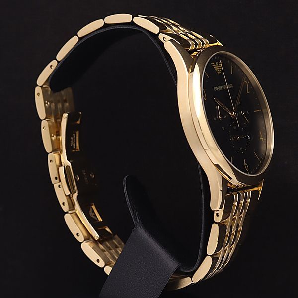 稼働 美品 エンポリオアルマーニ QZ AR-1893 クロノ デイト 黒文字盤