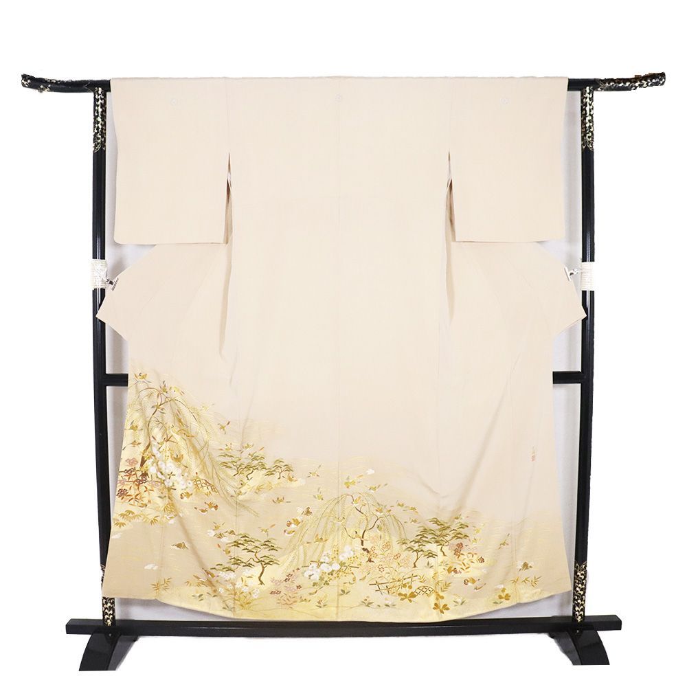 松尾光琳氏作 色留袖 袷 正絹 ベージュ 柳鳥図 Sサイズ ki30868 美品 レディース シルク ギフト フォーマル 30代 40代 50代 送料込み