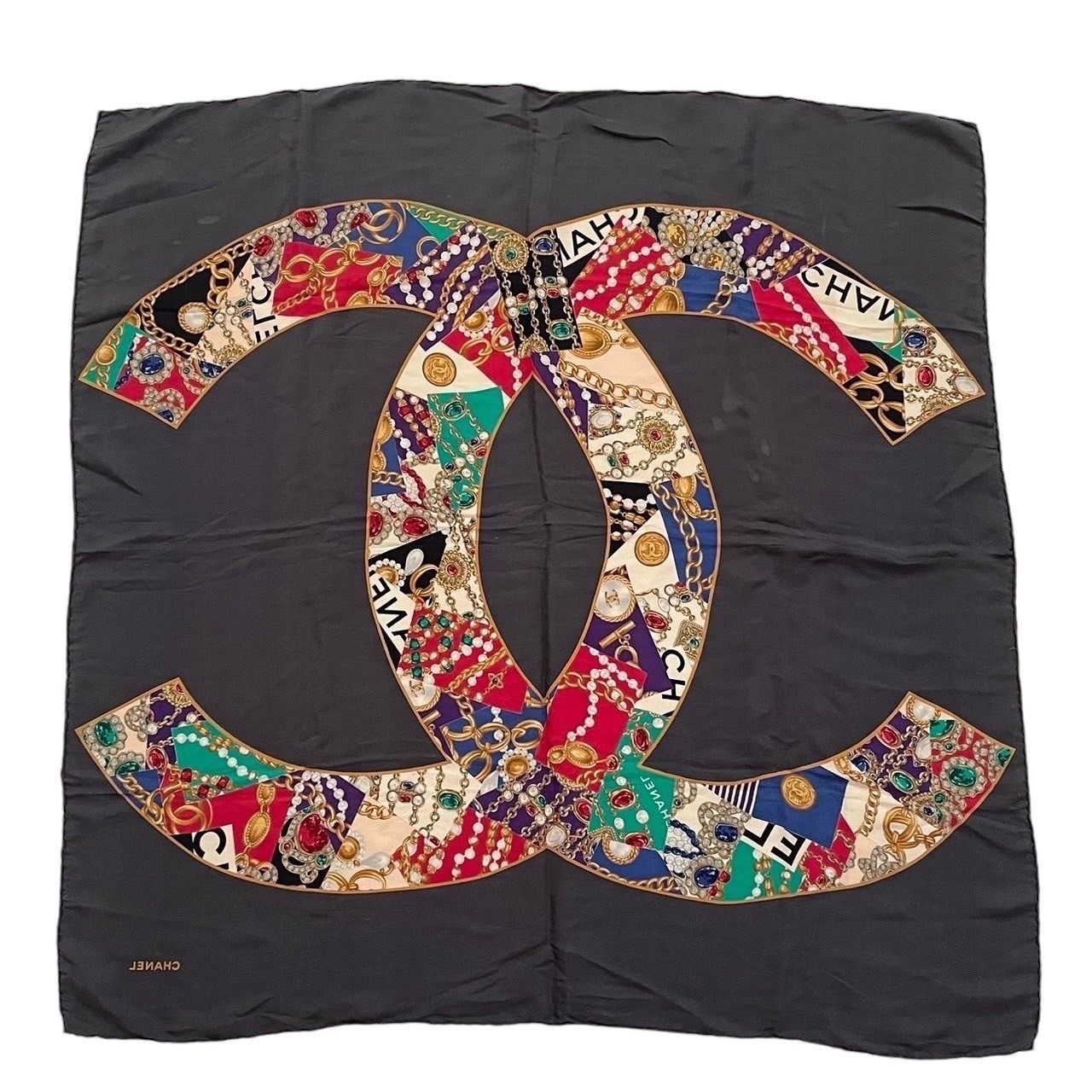 CHANEL シャネル スカーフ グレー マルチカラー 大判 小物 ココマーク